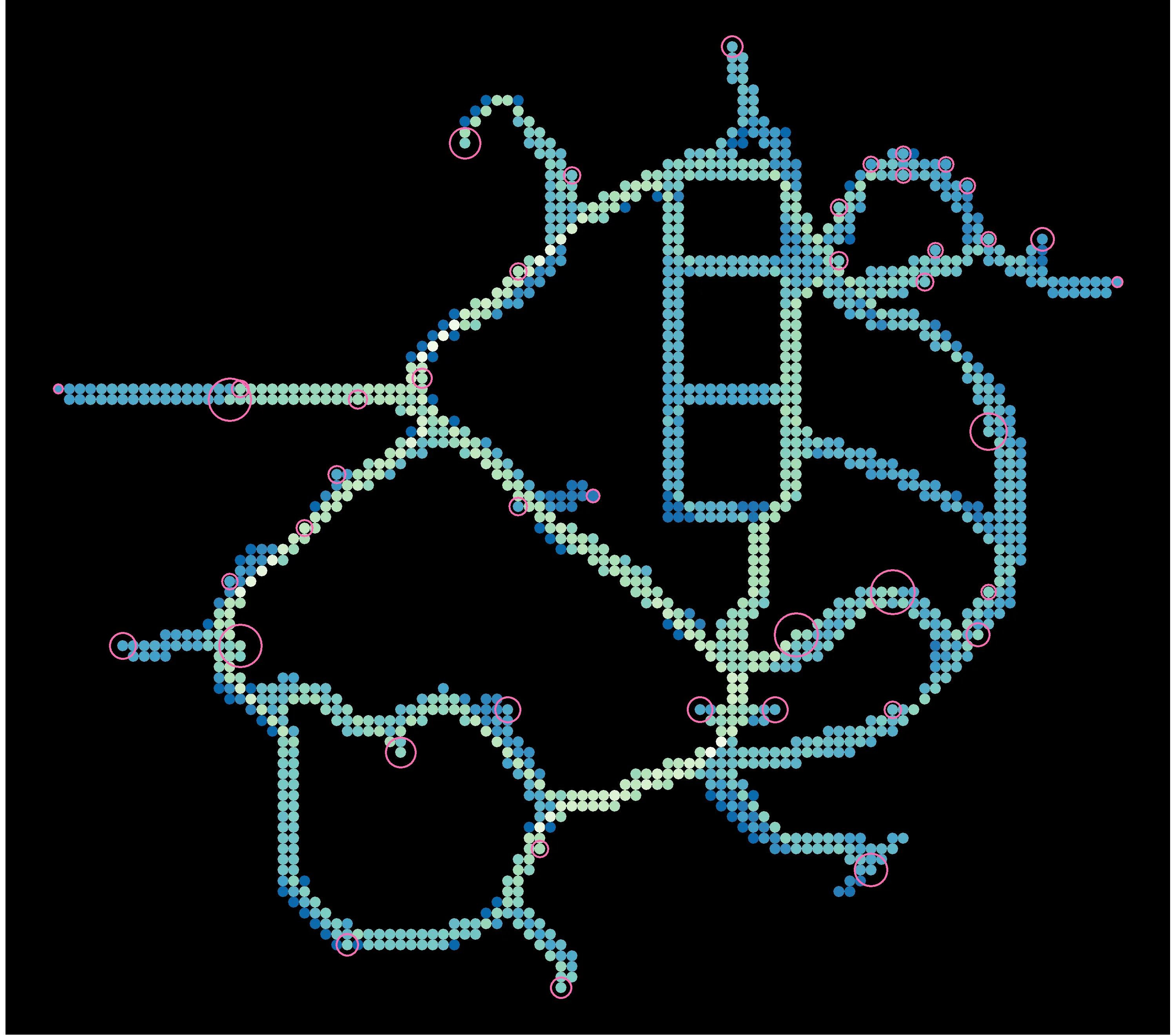 Accumulated time spent on each 5x5 meter grid (square-root). Circles indicate check-in locations, diameter indicates time spent in the location.