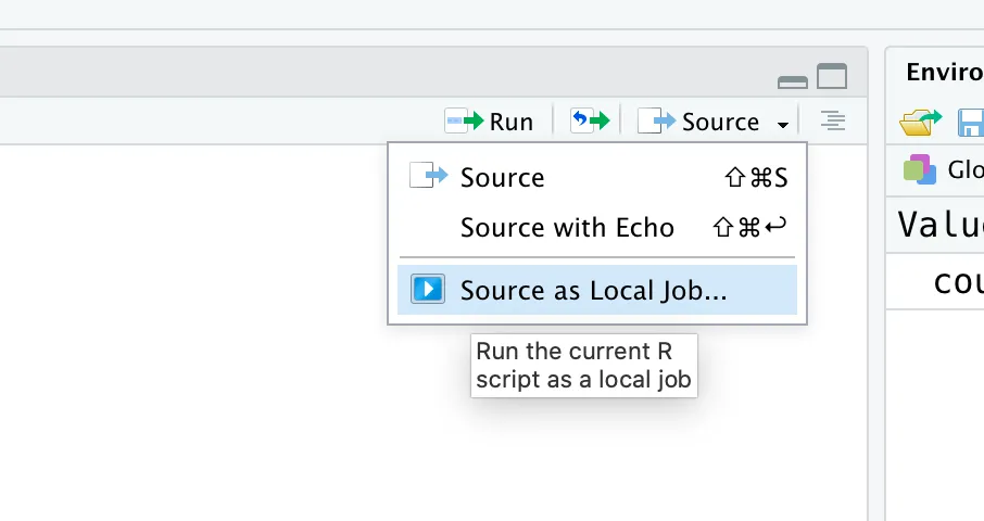 the 'source as local job' button in RStudio the 'source as local job' button in RStudio