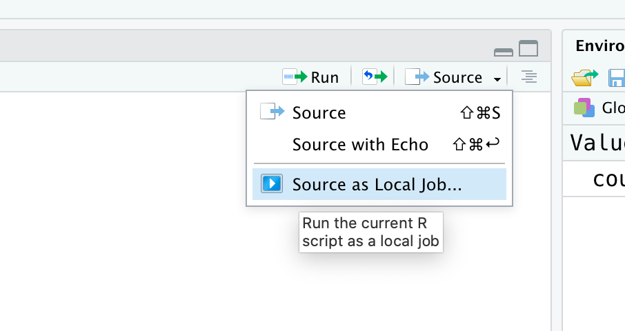 the 'source as local job' button in RStudio