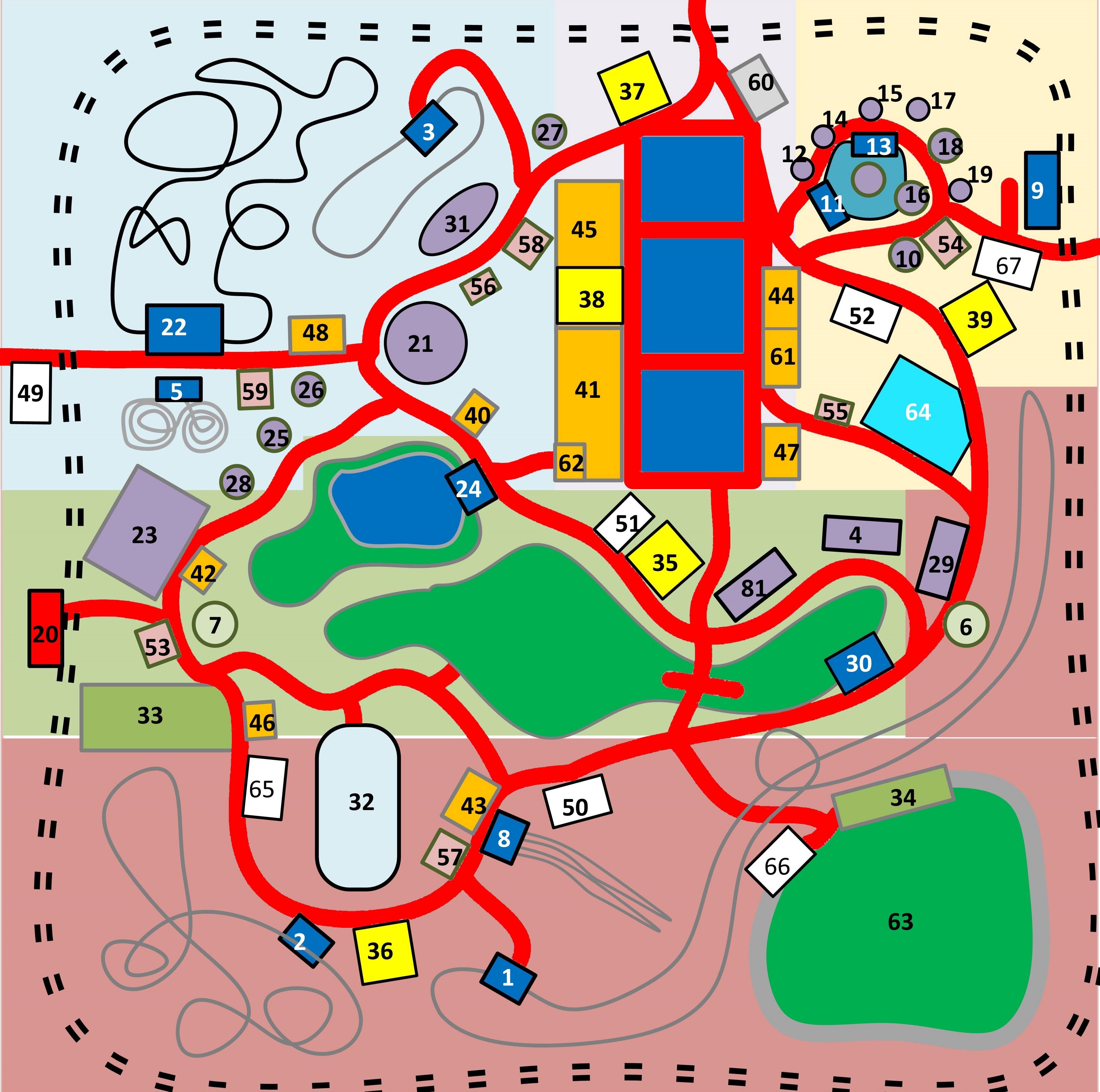 The (simulated) theme park. Check-in locations are marked by numbers.